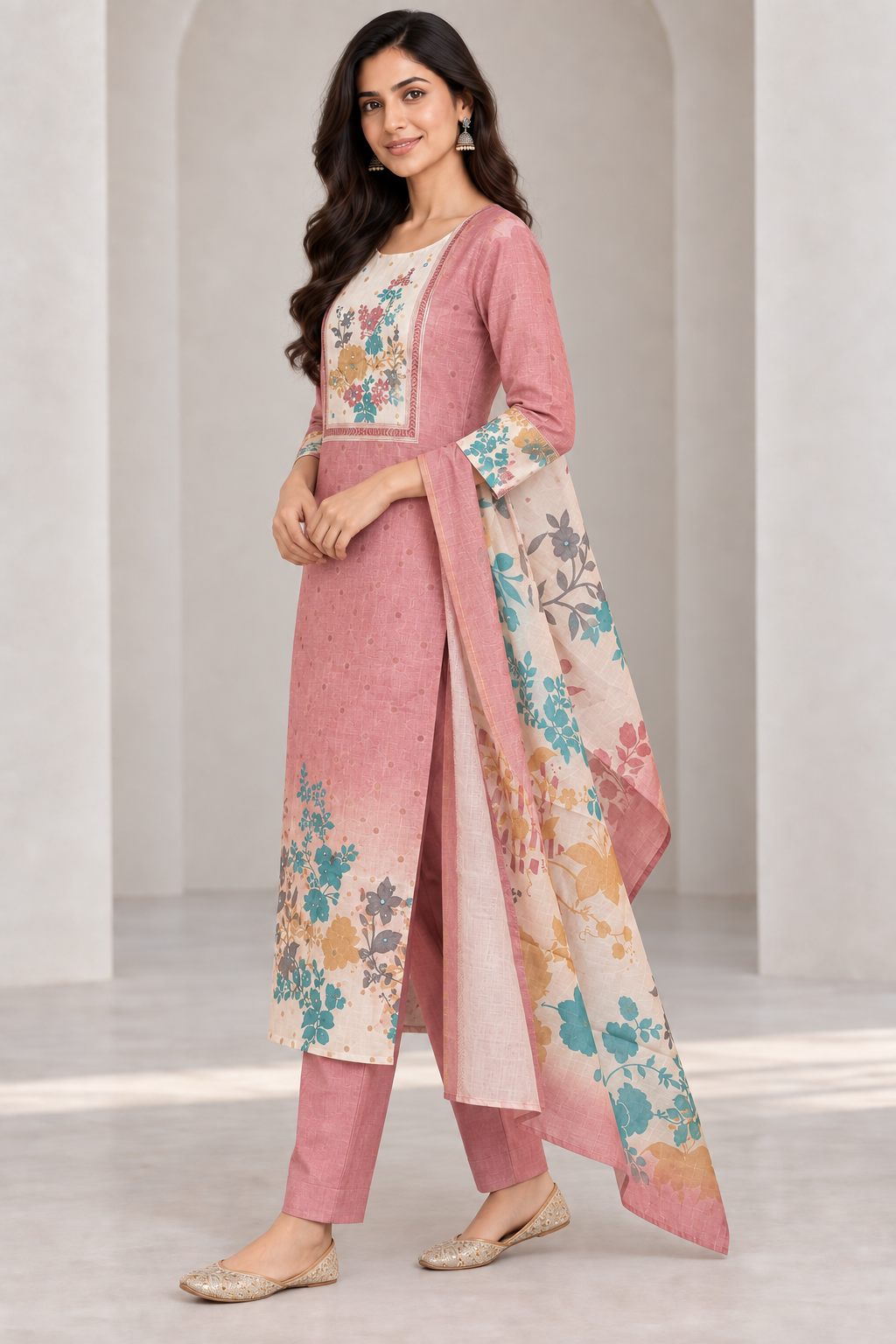 Peachmode Dusty Rose Viscose Blend Embroidered Salwar Suit - Image 3