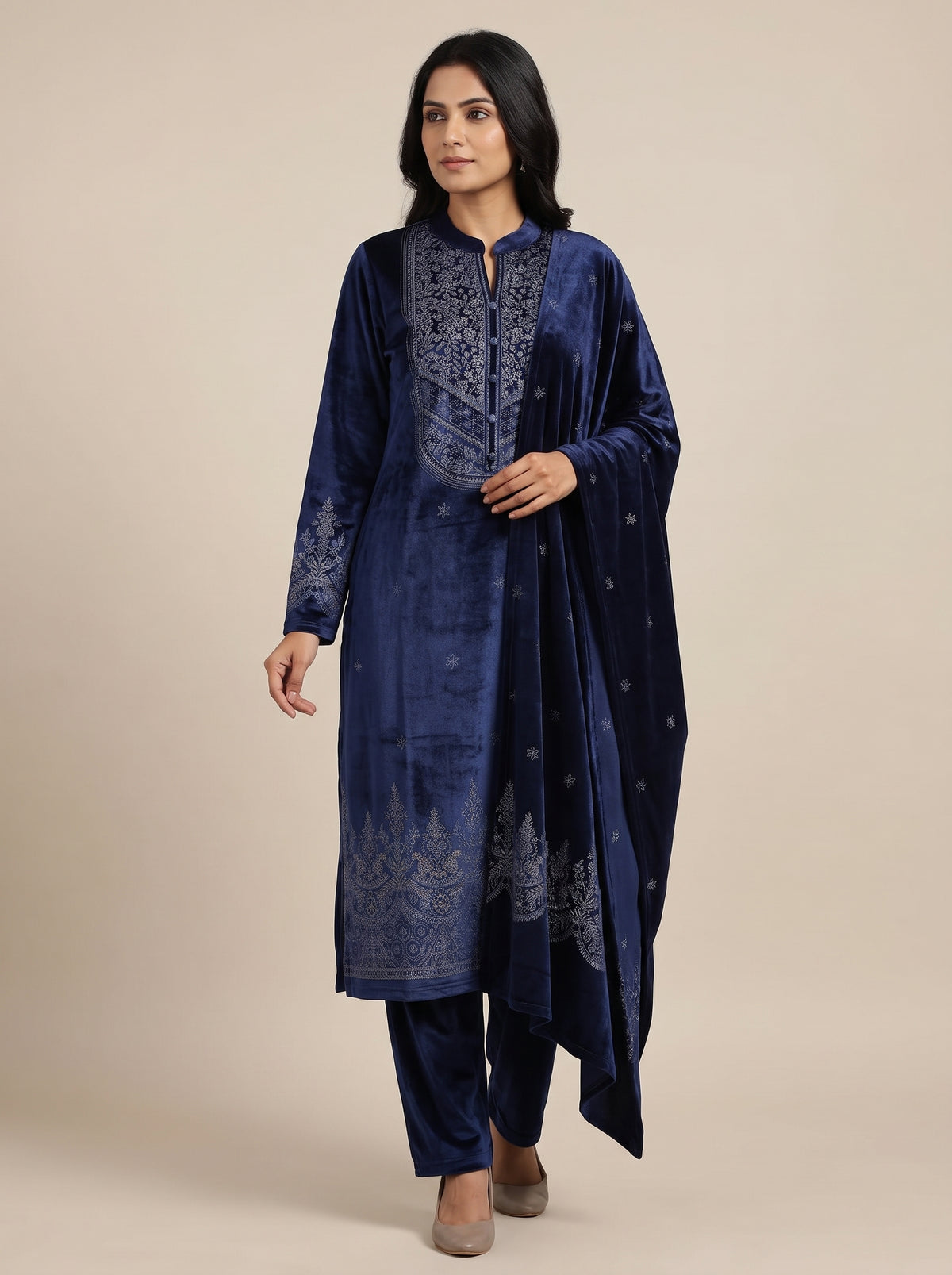 Peachmode Navy Blue Velvet Embroidered Salwar Suit - Image 1