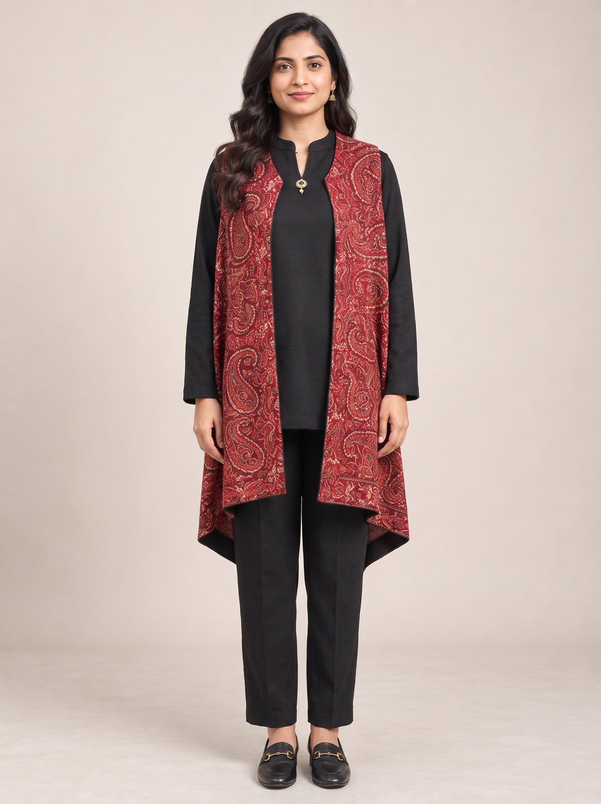 Peachmode Maroon Paisley Woolen Top Bottom Set - Image 2
