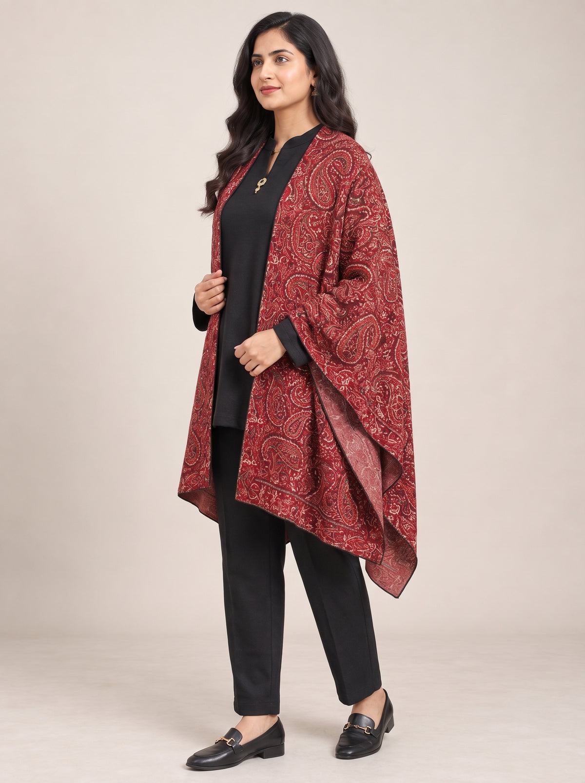 Peachmode Maroon Paisley Woolen Top Bottom Set - Image 3