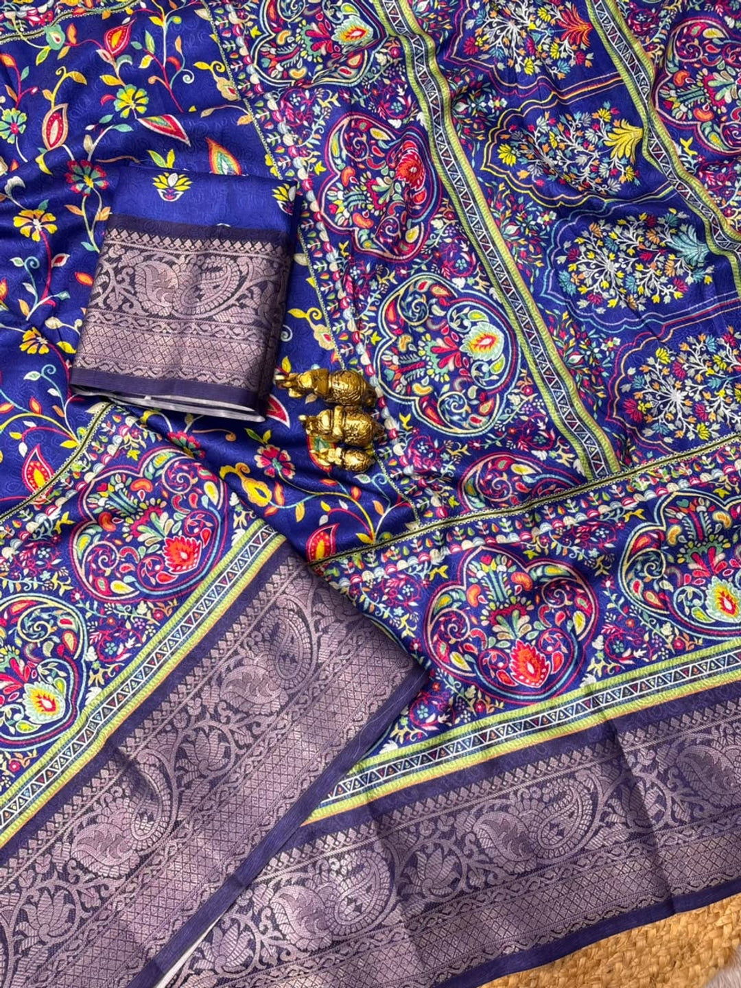 Peachmode Blue Floral Digital Print Dola Silk Saree With Jacquard Border - Image 3