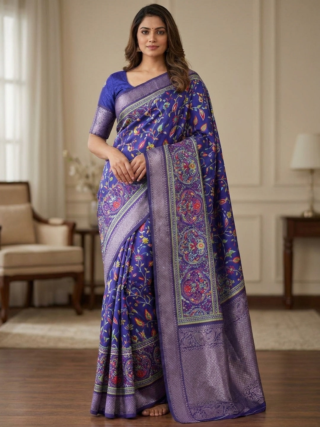 Peachmode Blue Floral Digital Print Dola Silk Saree With Jacquard Border - Image 1