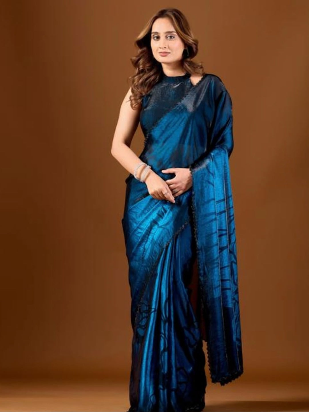 Peachmode Blue Ombre Floral Printed Space Silk Saree With Zarkan Border - Image 1