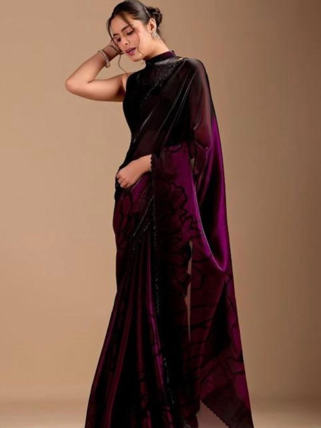 Peachmode Purple Ombre Floral Printed Space Silk Saree With Zarkan Border - Image 2