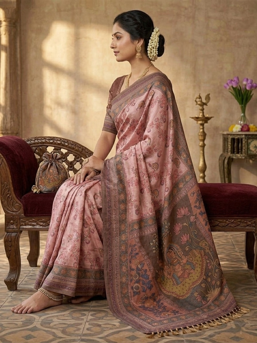 Peachmode Pink Floral Kalamkari Printed Erod Silk Saree With Mirror Work - Image 2