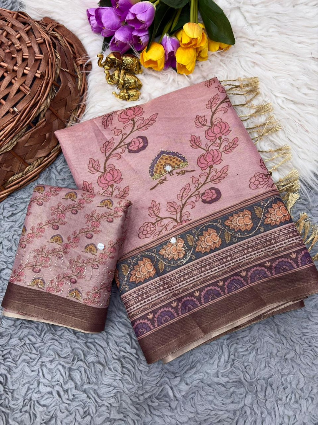 Peachmode Pink Floral Kalamkari Printed Erod Silk Saree With Mirror Work - Image 4