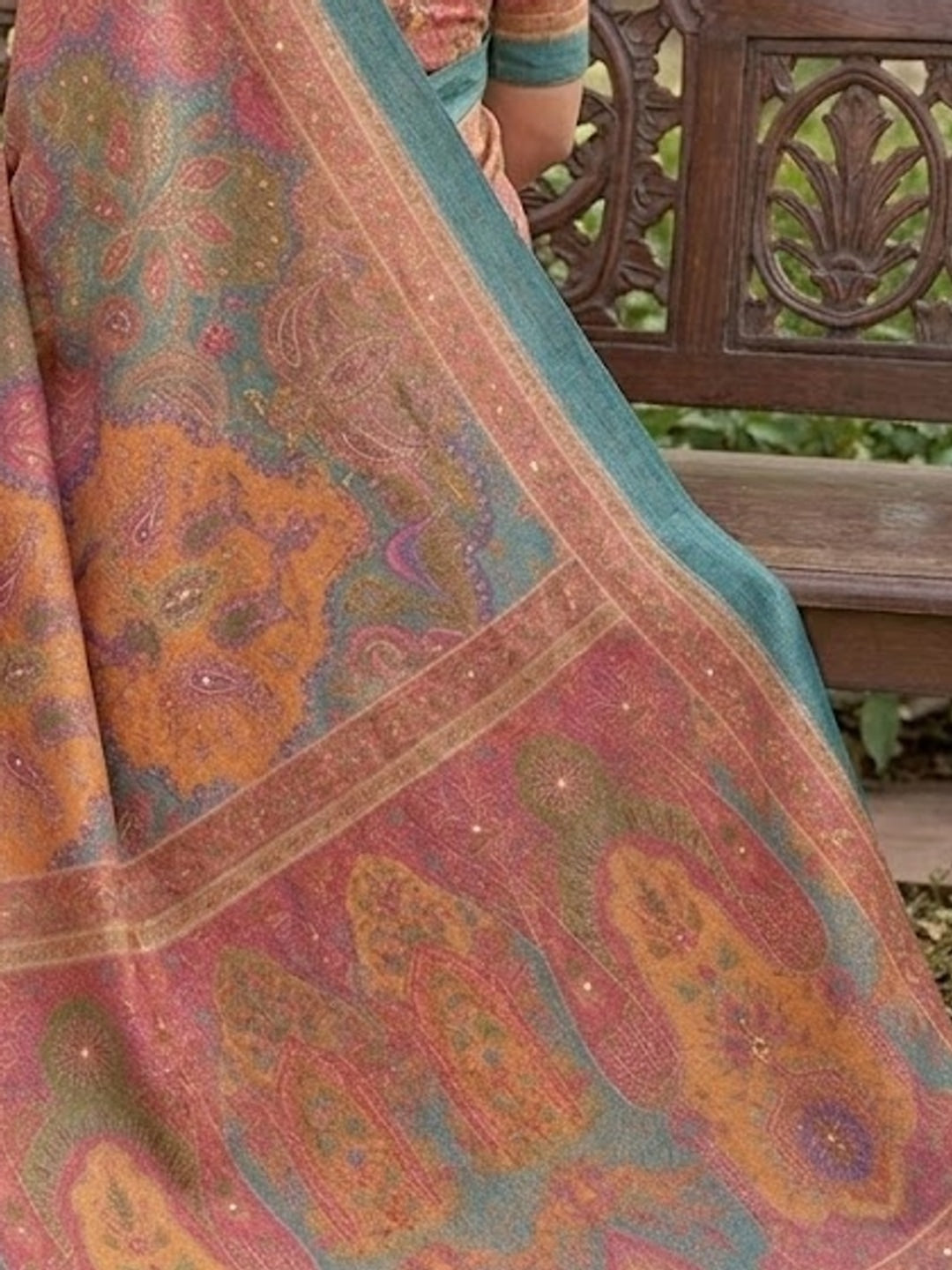 Peachmode Peach Multicolour Paisley Printed Erod Silk Saree With Mirror Work - Image 5