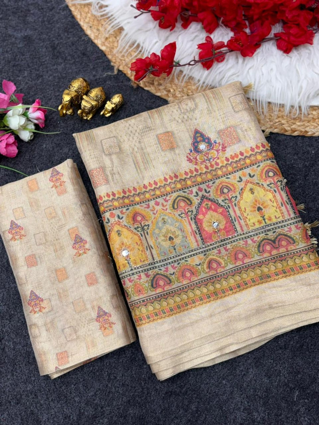 Peachmode Beige Ethnic Motif Printed Erod Silk Saree With Mirror Work - Image 4