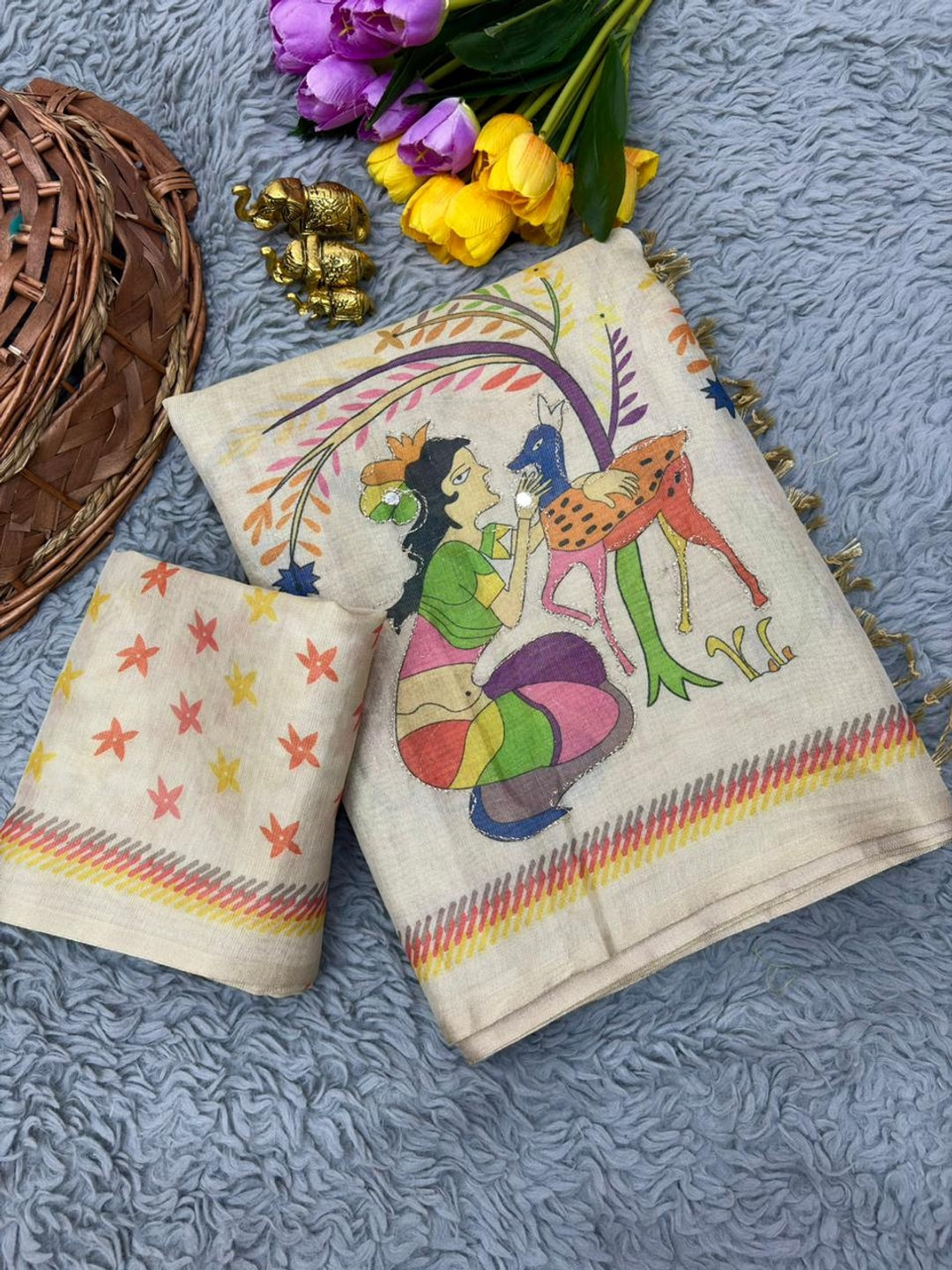 Peachmode Cream Folk Art Printed Erod Silk Saree With Mirror Work - Image 3