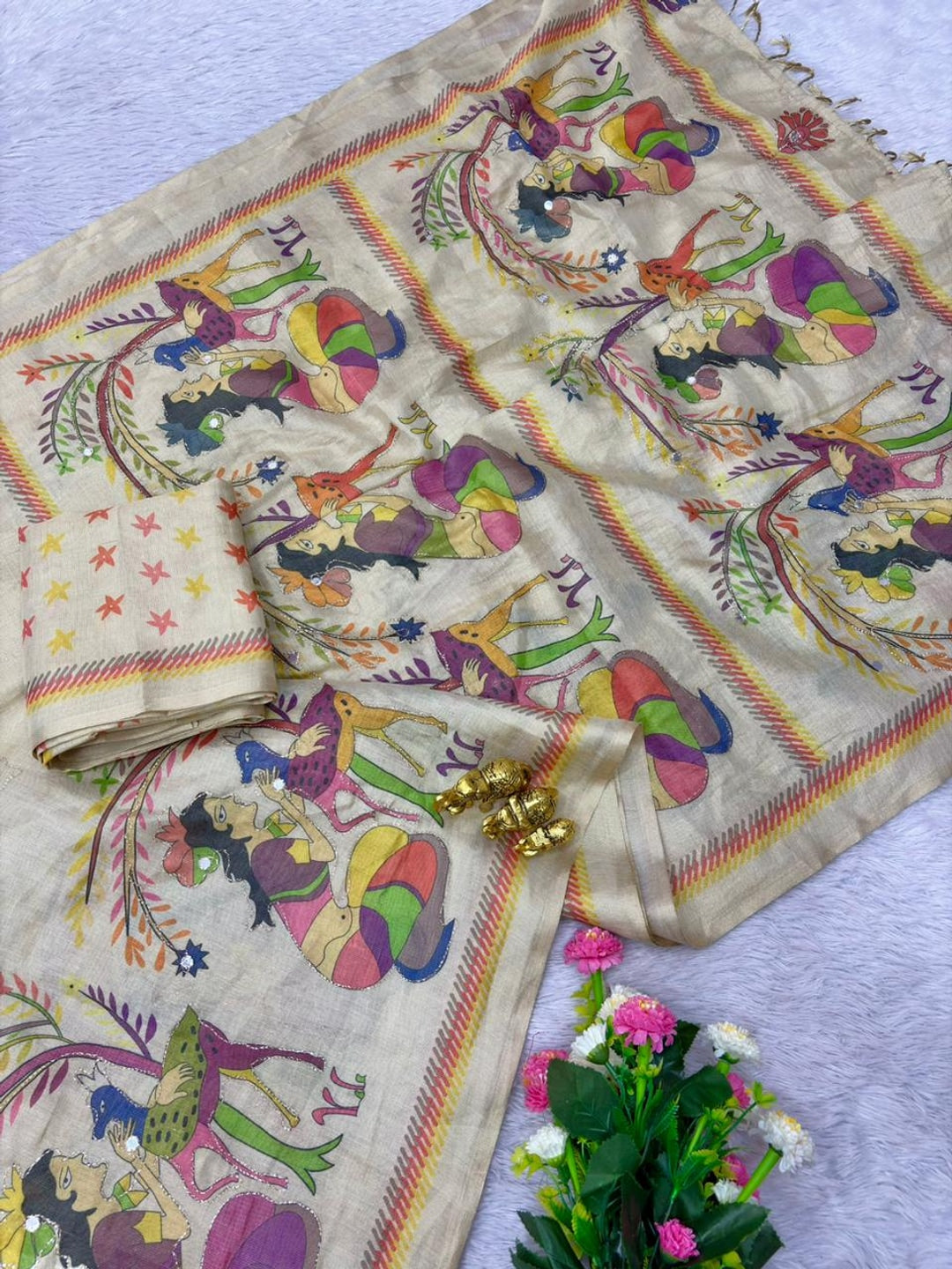 Peachmode Cream Folk Art Printed Erod Silk Saree With Mirror Work - Image 5