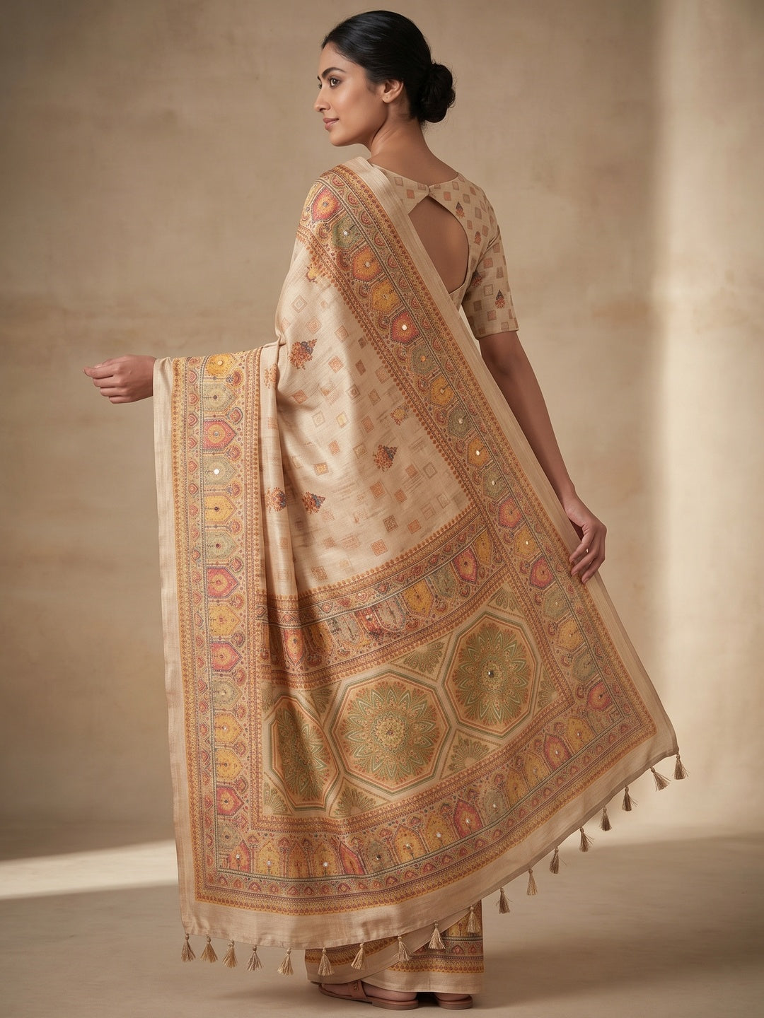 Peachmode Beige Ethnic Motif Printed Erod Silk Saree With Mirror Work - Image 2