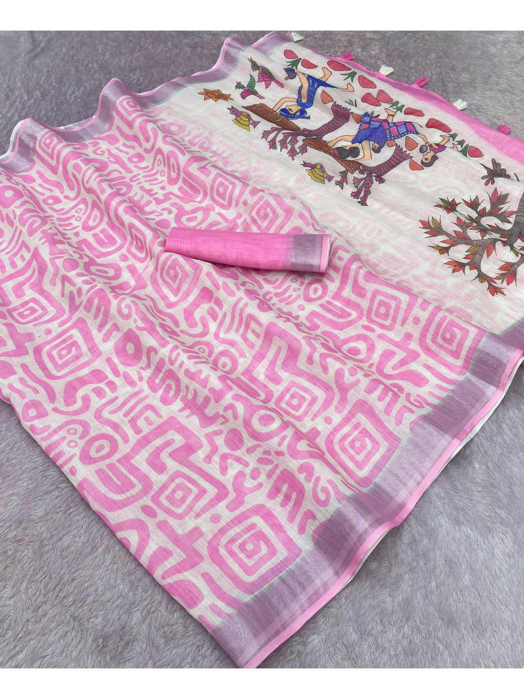 Peachmode Pink Abstract Print Linen Cotton Saree - Image 2