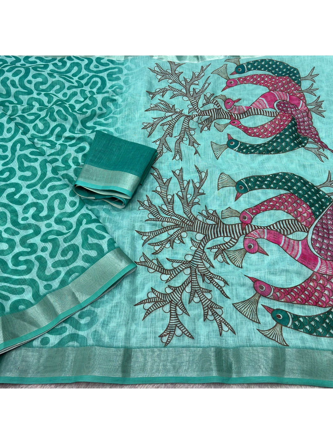 Peachmode Sea Green Abstract Print Linen Cotton Saree - Image 2