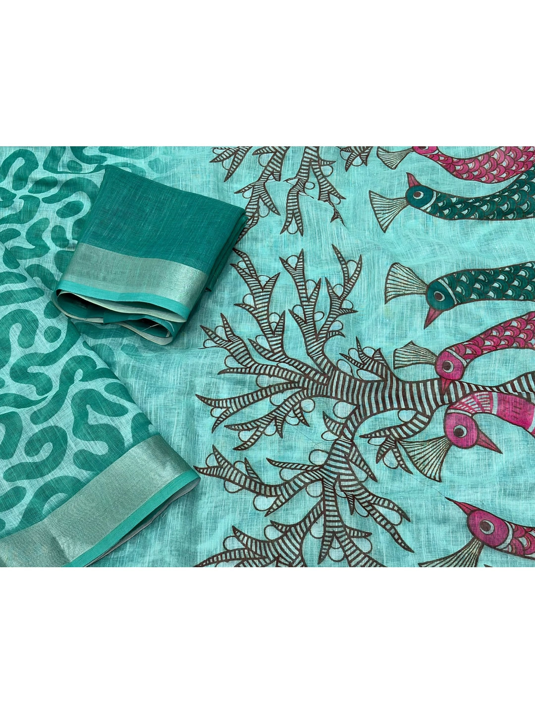 Peachmode Sea Green Abstract Print Linen Cotton Saree - Image 5