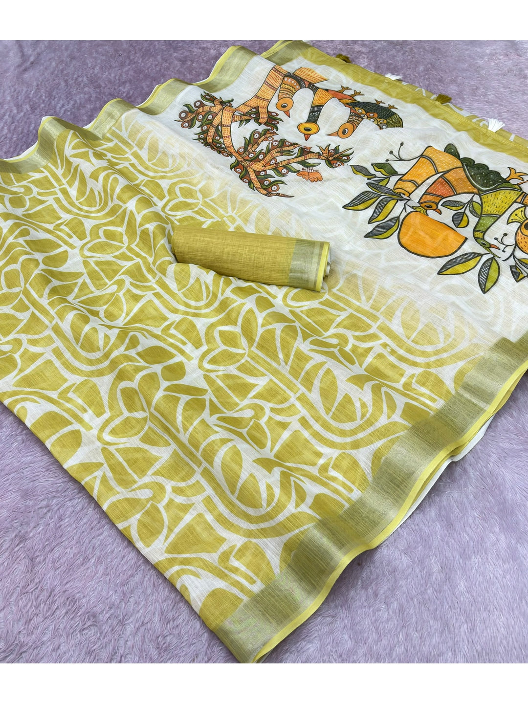 Peachmode Mustard Abstract Print Linen Cotton Saree - Image 2