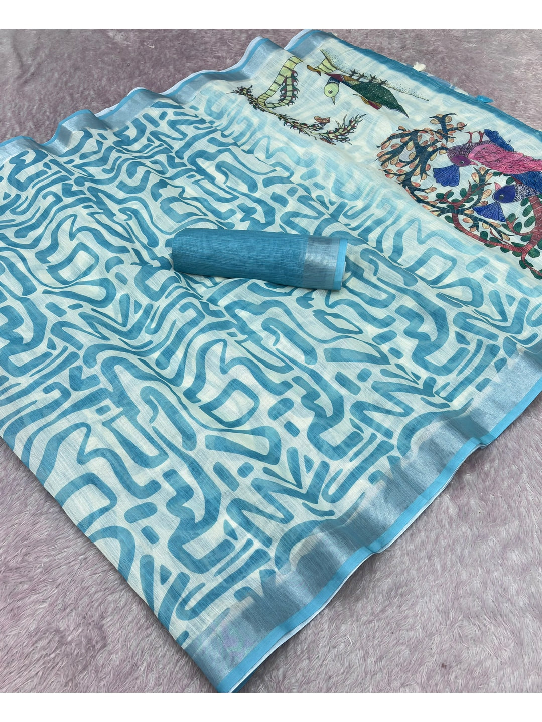 Peachmode Sky Blue Abstract Print Linen Cotton Saree - Image 2