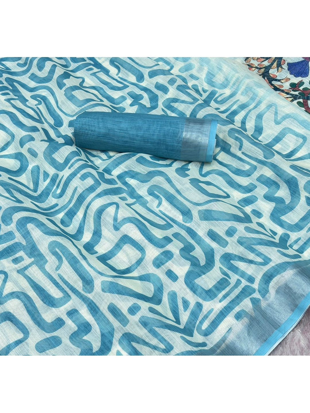 Peachmode Sky Blue Abstract Print Linen Cotton Saree - Image 5