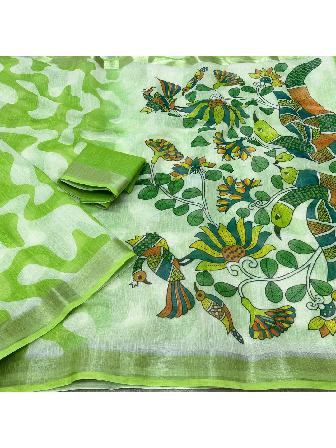 Peachmode Lime Green Abstract Print Linen Cotton Saree - Image 3
