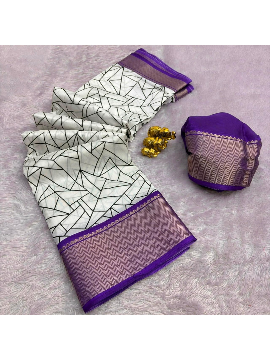 Peachmode White Geometric Printed Dola Silk Saree With Purple Zari Border - Image 5