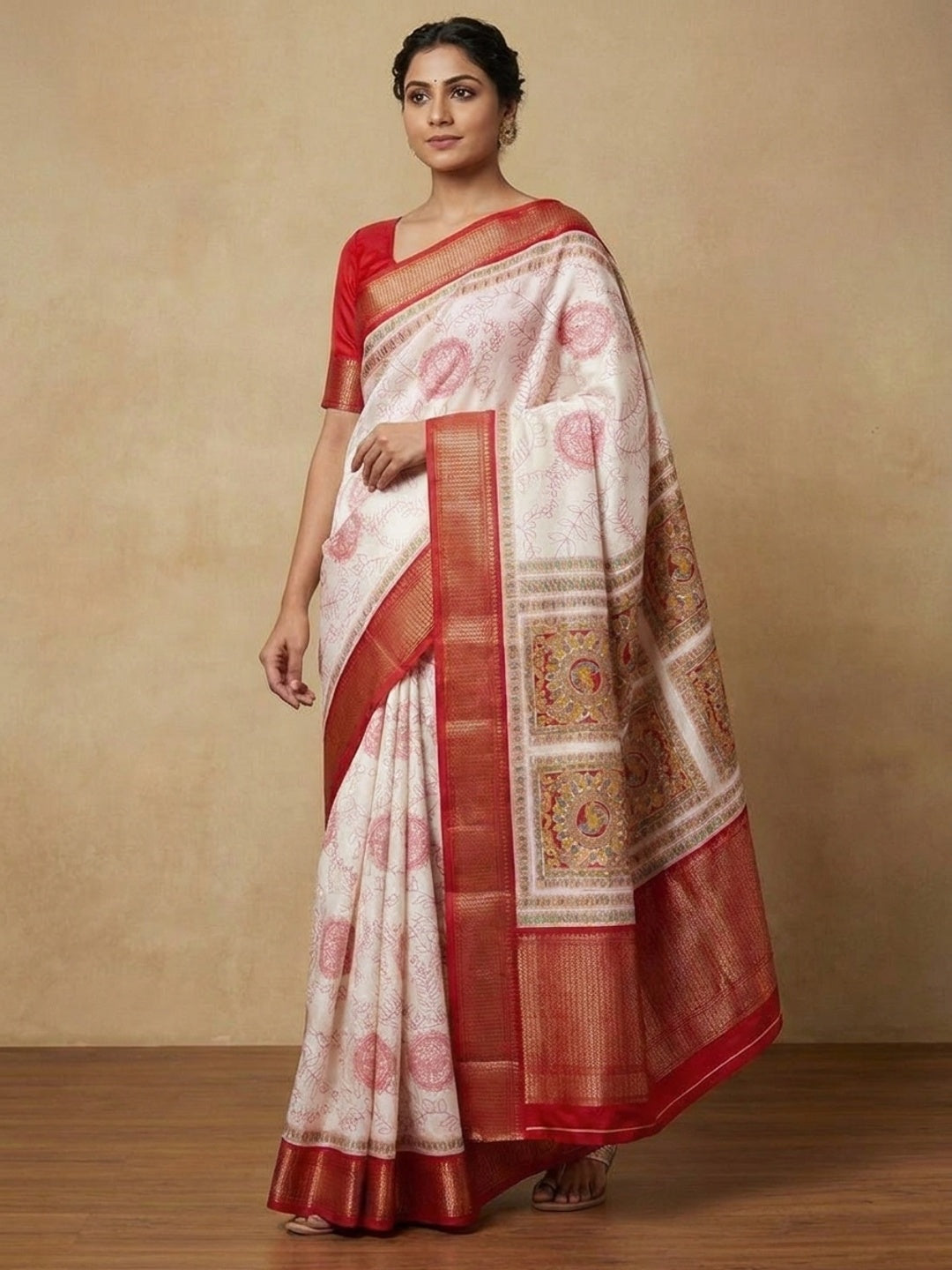 Peachmode White Floral Printed Dola Silk Saree With Red Zari Border - Image 1