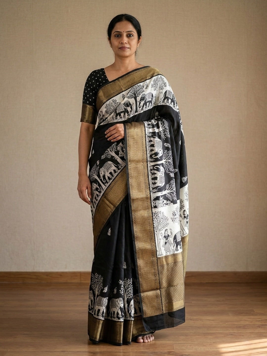 Peachmode Black Kalamkari Printed Dola Silk Saree With Black Zari Border - Image 1