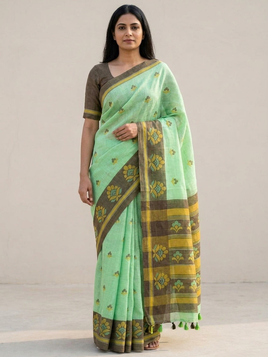 Peachmode Light Green Printed Linen Cotton Saree - Image 1