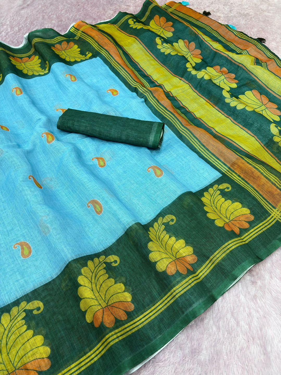 Peachmode Sky Blue Printed Linen Cotton Saree - Image 2