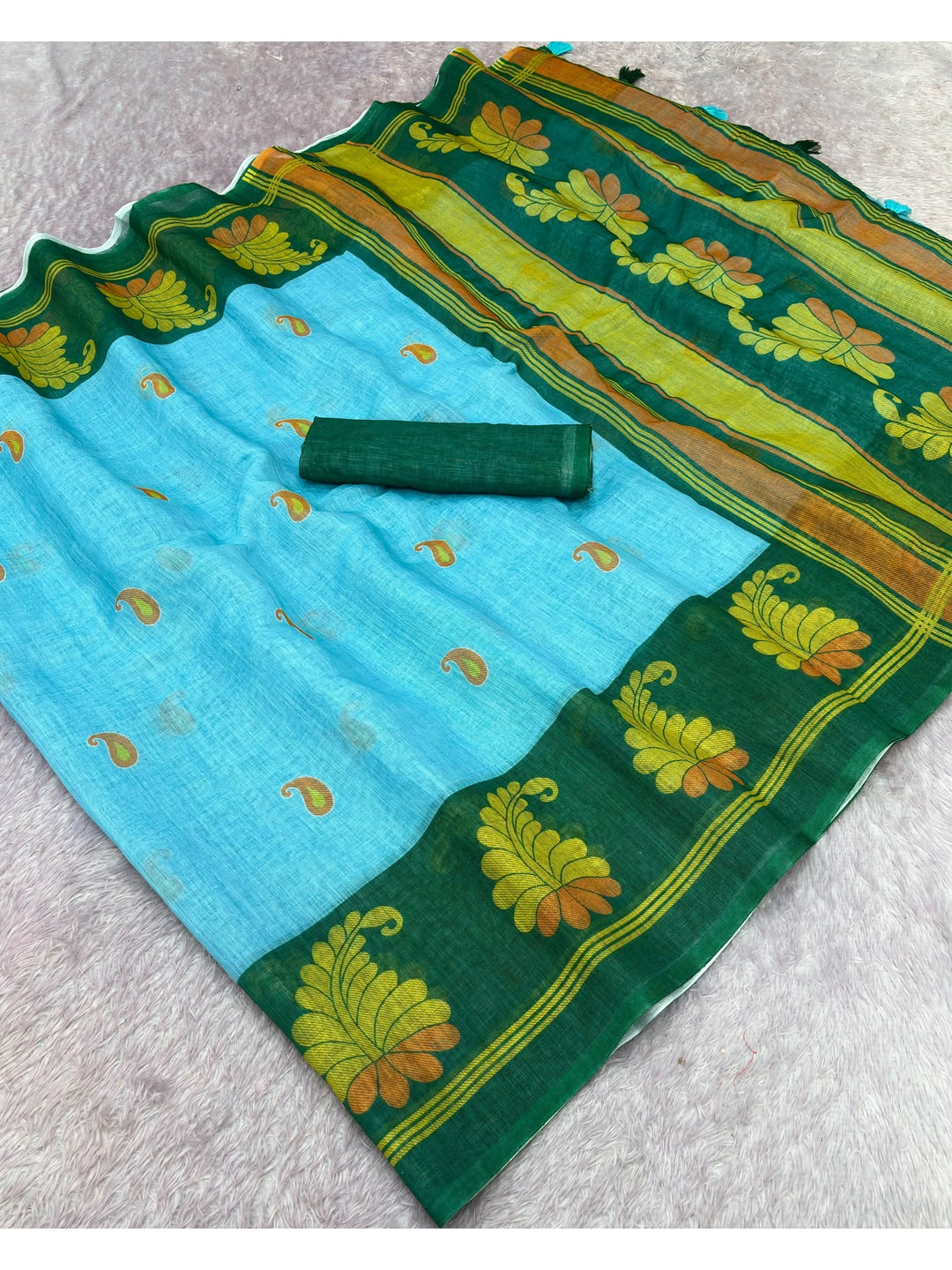 Peachmode Sky Blue Printed Linen Cotton Saree - Image 3