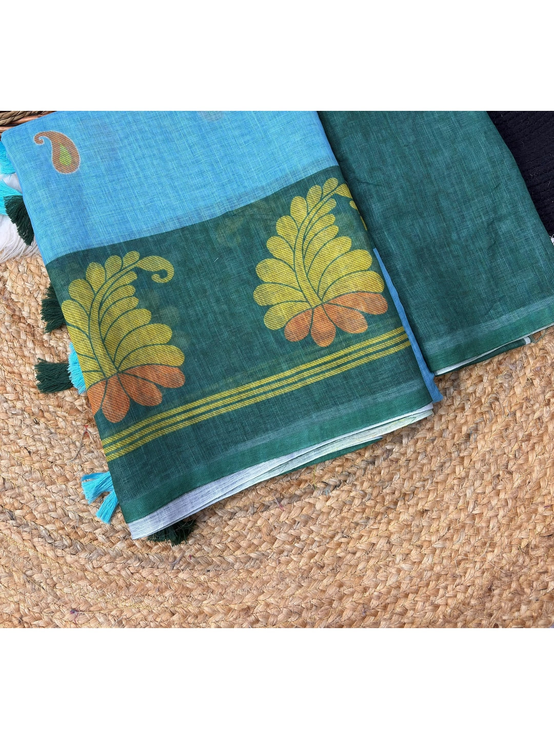 Peachmode Sky Blue Printed Linen Cotton Saree - Image 4