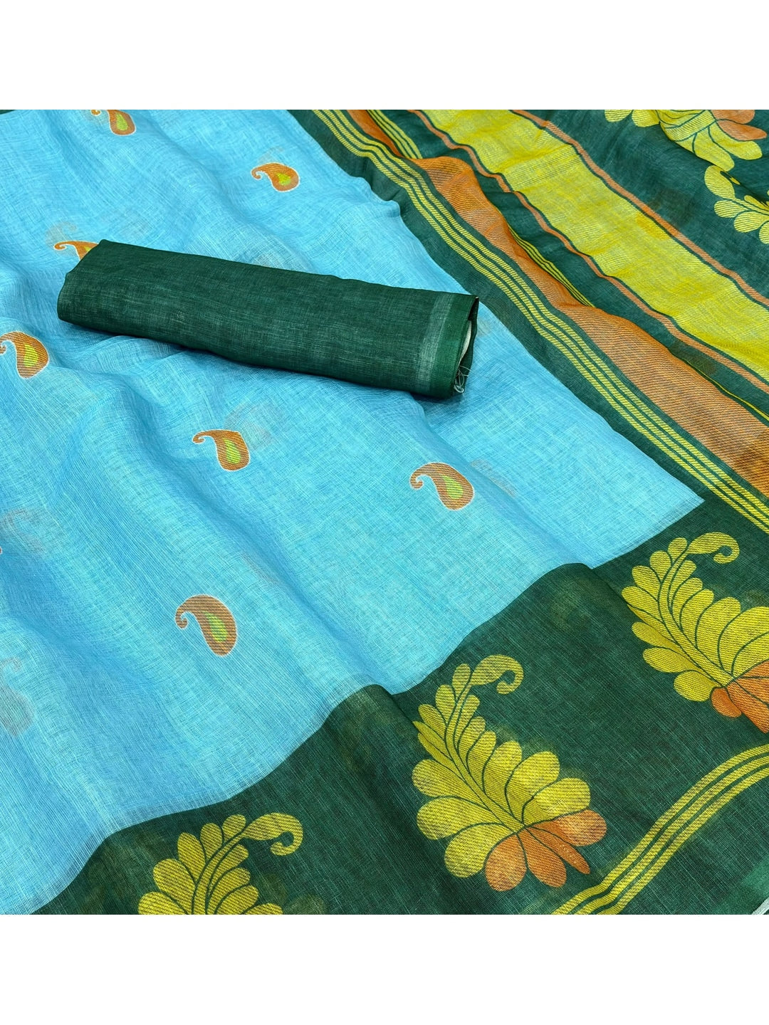 Peachmode Sky Blue Printed Linen Cotton Saree - Image 5