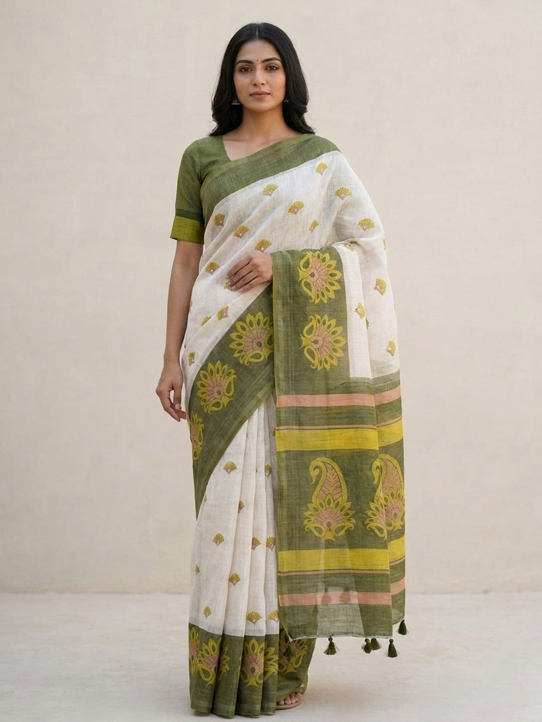 Peachmode Offwhite Printed Linen Cotton Saree - Image 1