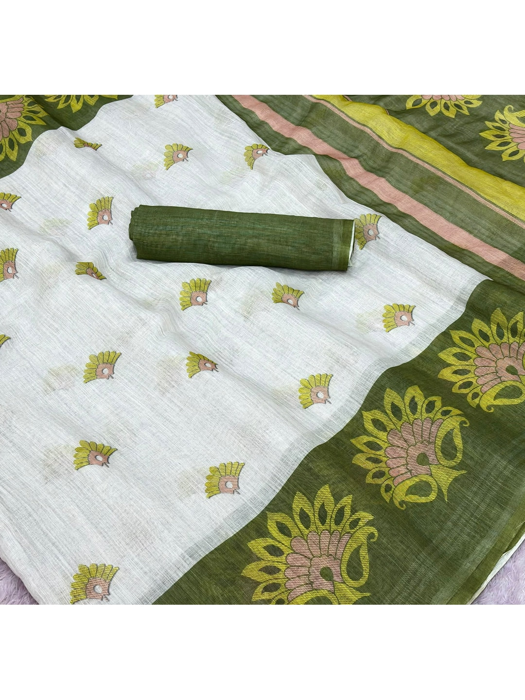 Peachmode Offwhite Printed Linen Cotton Saree - Image 5