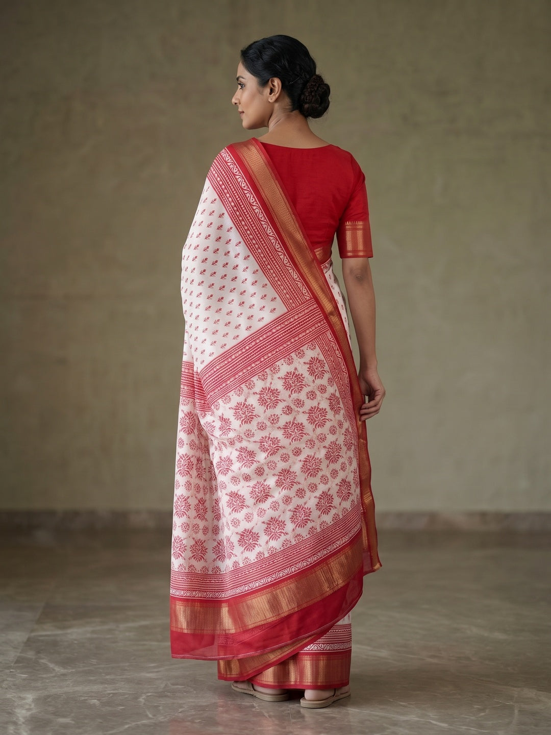 Peachmode White Buti Printed Dola Silk Saree With Red Zari Border - Image 2
