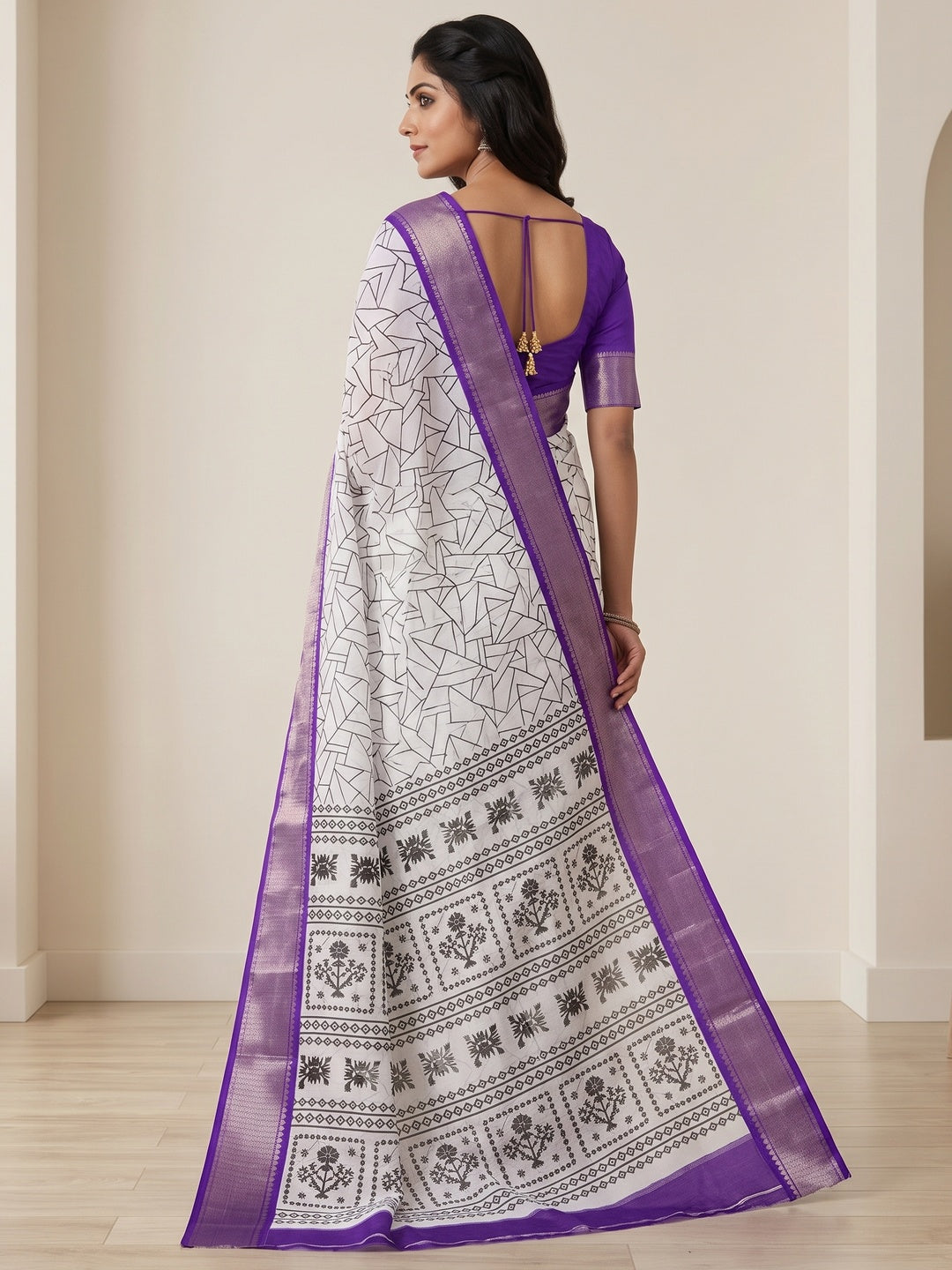 Peachmode White Geometric Printed Dola Silk Saree With Purple Zari Border - Image 2