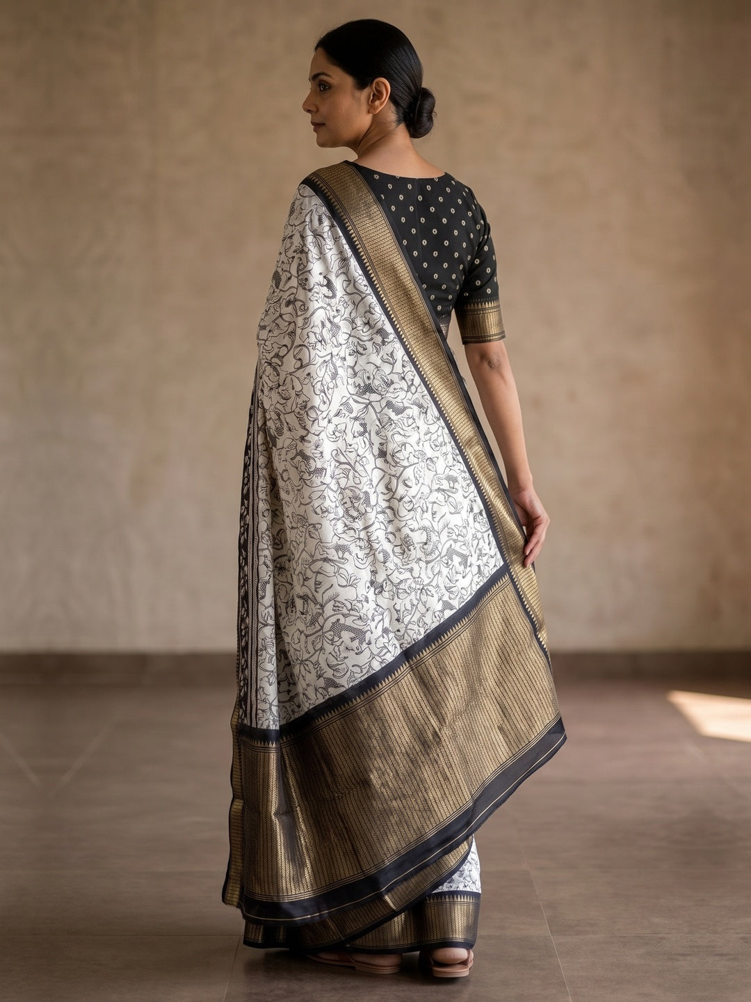 Peachmode White Floral Printed Dola Silk Saree With Black Zari Border - Image 2
