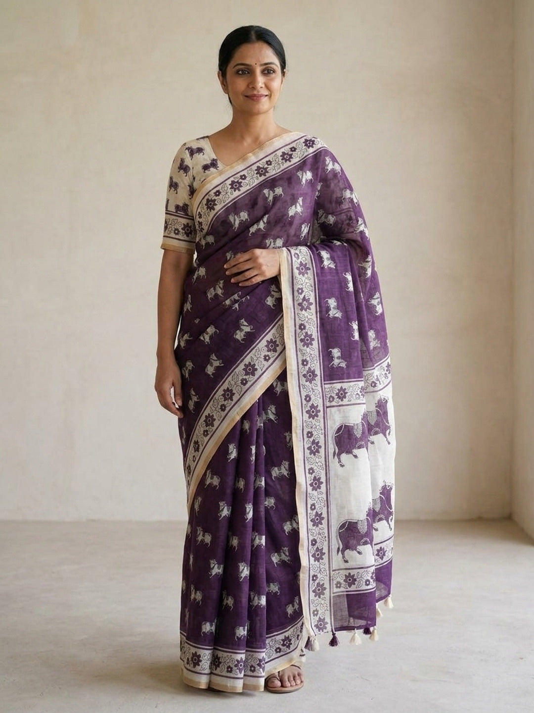 Peachmode Purple Animal Print Linen Cotton Saree - Image 1