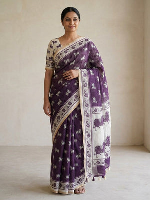 Peachmode Purple Animal Print Linen Cotton Saree - Image 1