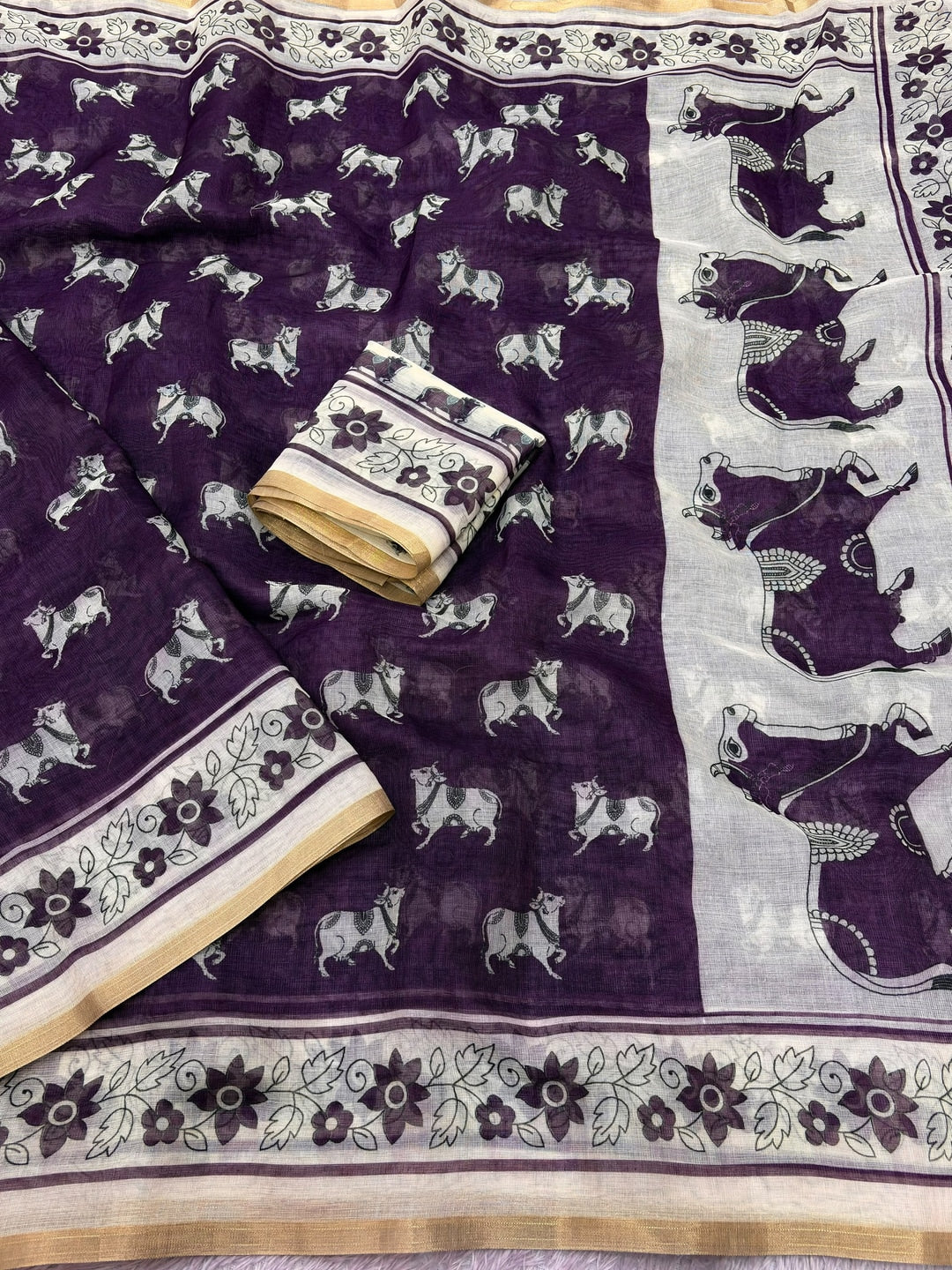 Peachmode Purple Animal Print Linen Cotton Saree - Image 3