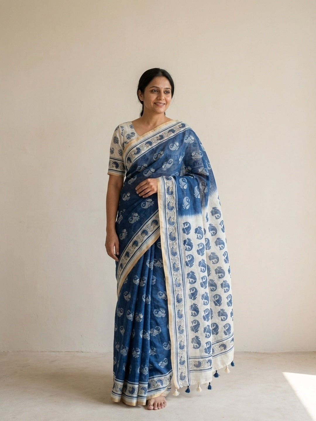 Peachmode Blue Animal Print Linen Cotton Saree - Image 1