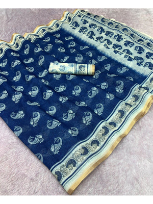 Peachmode Blue Animal Print Linen Cotton Saree - Image 2