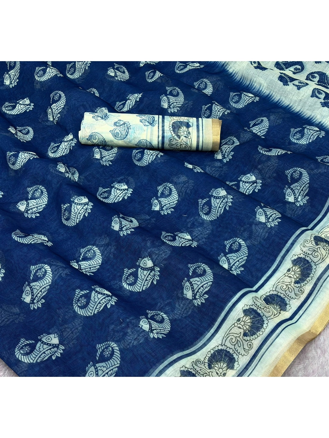 Peachmode Blue Animal Print Linen Cotton Saree - Image 5