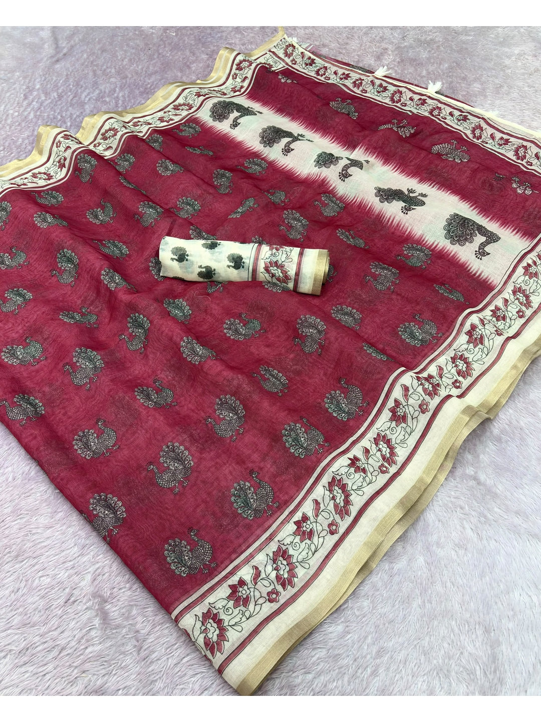 Peachmode Red Animal Print Linen Cotton Saree - Image 2