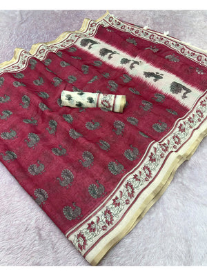 Peachmode Red Animal Print Linen Cotton Saree - Image 2