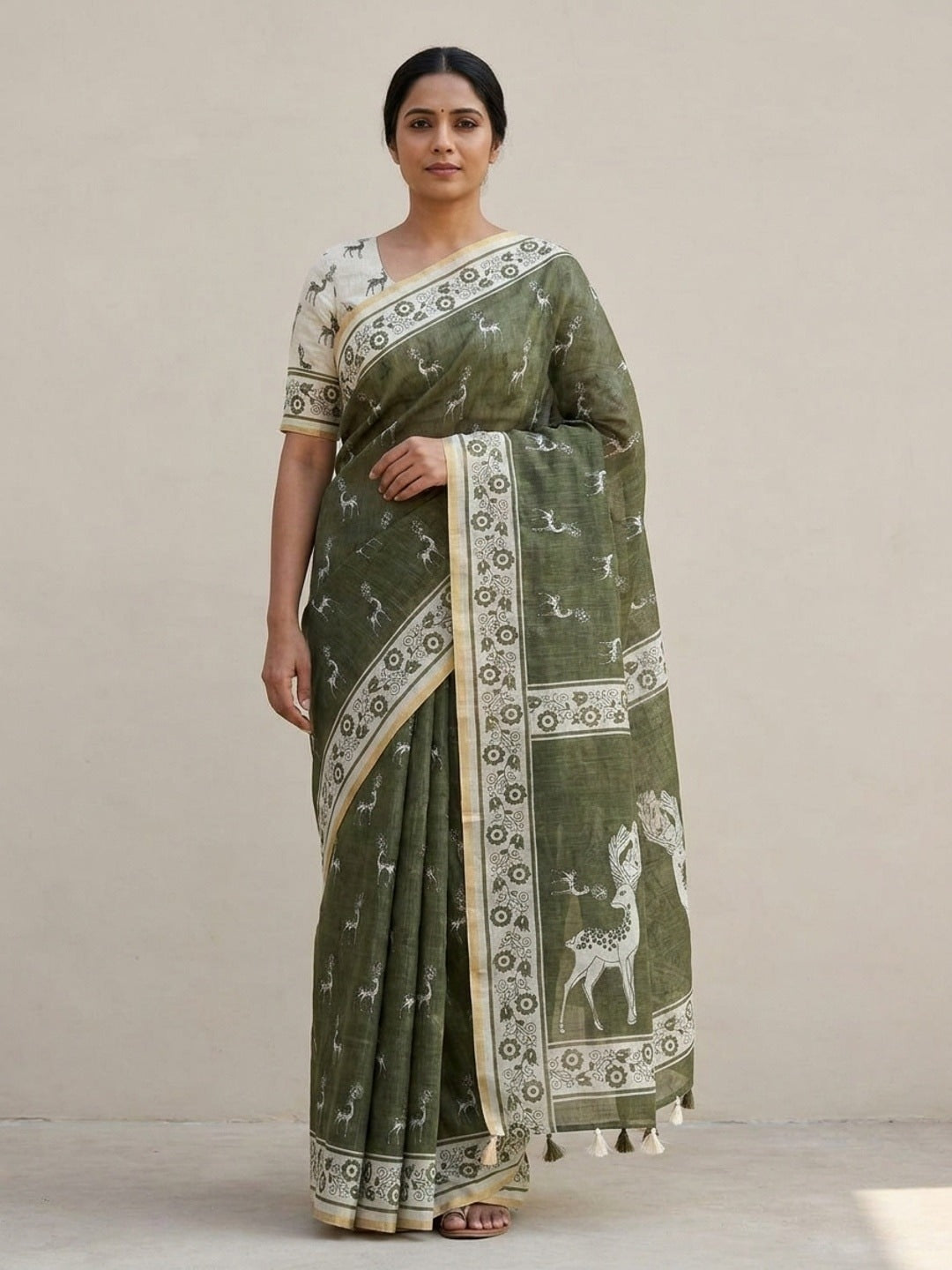 Peachmode Olive Animal Print Linen Cotton Saree - Image 1