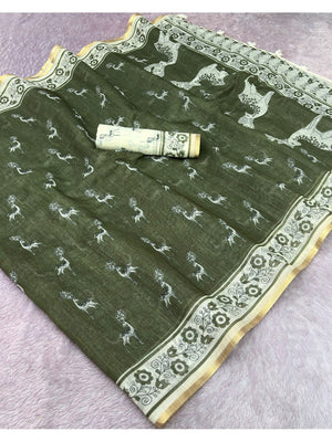 Peachmode Olive Animal Print Linen Cotton Saree - Image 2
