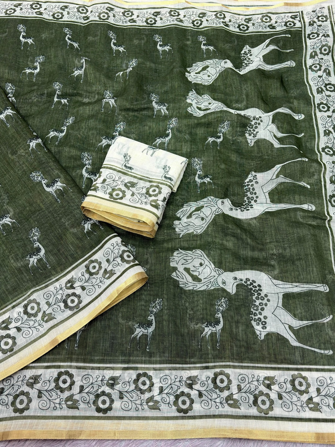 Peachmode Olive Animal Print Linen Cotton Saree - Image 3