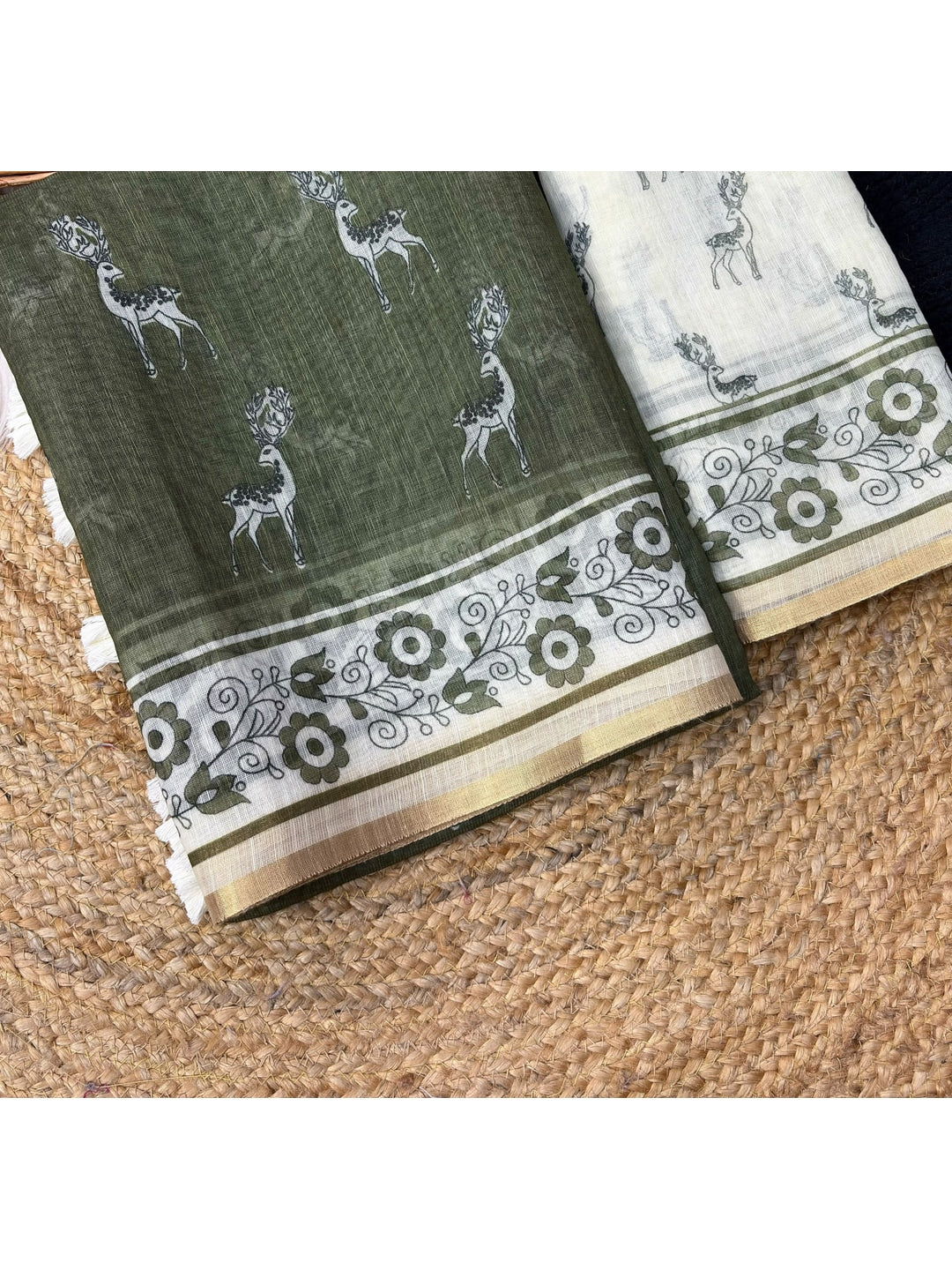 Peachmode Olive Animal Print Linen Cotton Saree - Image 4