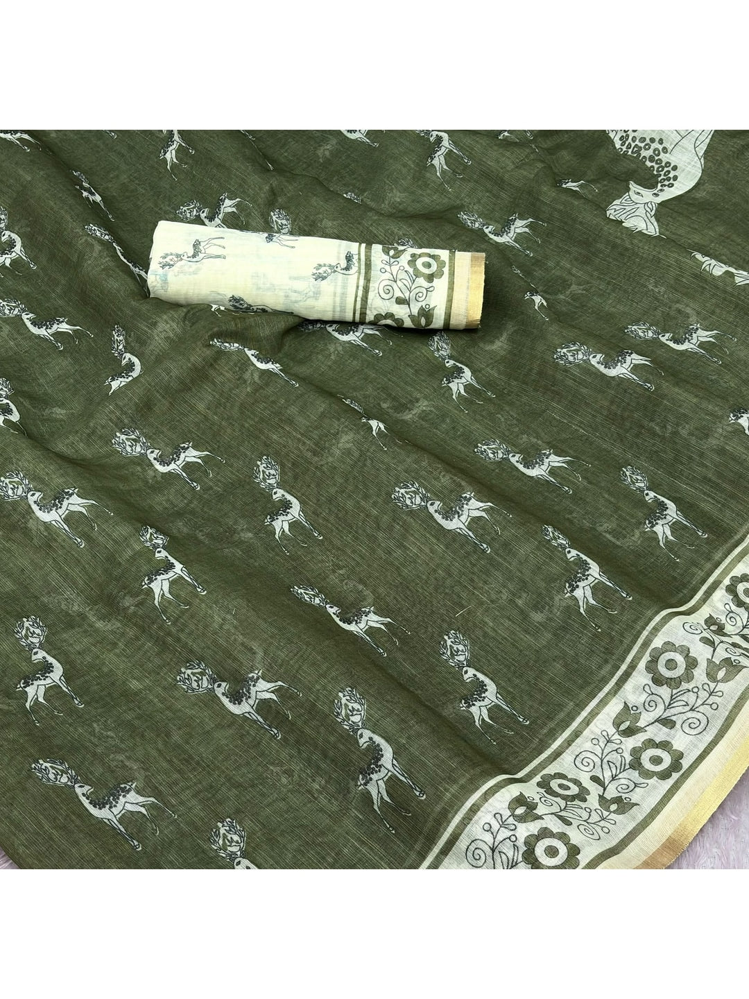 Peachmode Olive Animal Print Linen Cotton Saree - Image 5