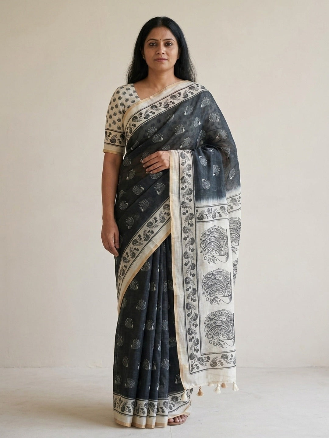 Peachmode Black Animal Print Linen Cotton Saree - Image 1