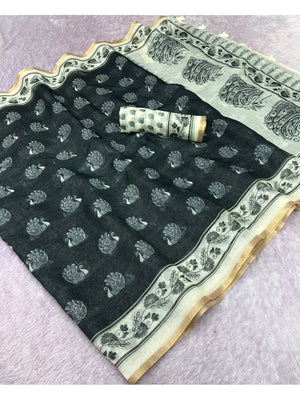 Peachmode Black Animal Print Linen Cotton Saree - Image 2